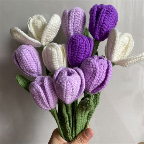 Pretty Crochet Purple Tulip Flower Bouquet For Home Decor For Sale