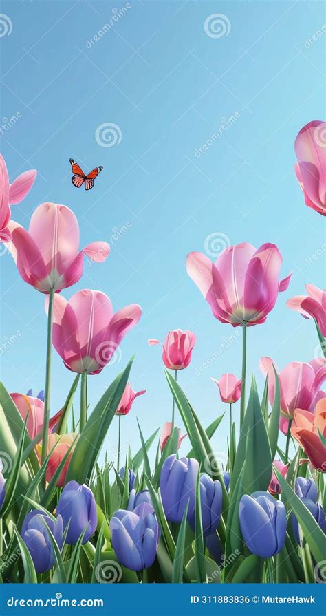 Tulips And Butterfly On Blue Sky Background 3d Render Stock Illustration Illustration Of Pink