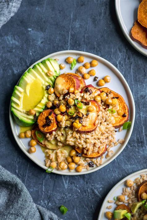 Roasted Sweet Potato And Farro Salad With Garlicky Chickpeas • The