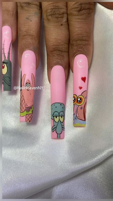 Pink Spongebob Gary Squidward Patrick Plankton Valentines Day Nails