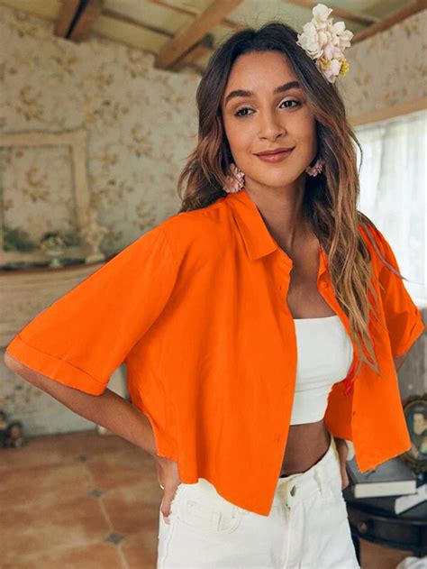 Button Front Crop Shirt Shirt Outfit Women Orange Top Outfit Top Summer Outfits