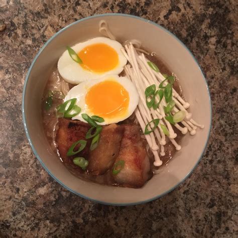 Homemade Ramen Hour Tonkotsu Broth Enoki Mushrooms Crispy Pork