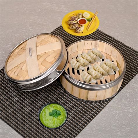 Chandra Bazaar Dimsum Basket Round Shape Steamer Steel Lining Bamboo