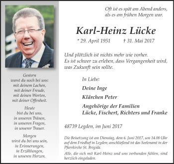 Traueranzeigen Von Karl Heinz L Cke Sich Erinnern De