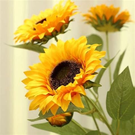 36″ Sunflowers with Long Stems 3 Head Sunflowers Artificial Yellow Silk ...