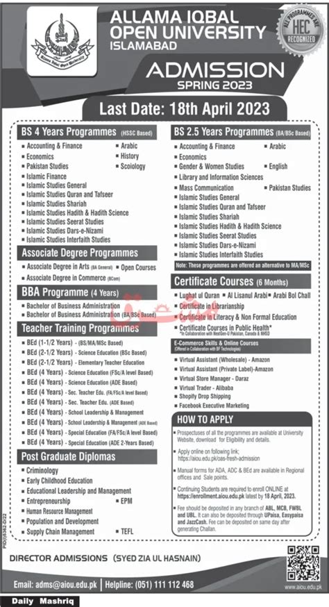 AIOU Admissions Spring 2023 Latest Allama Iqbal Open University