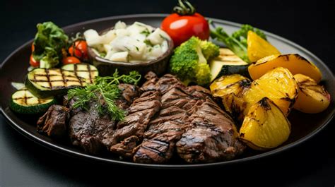 Grilled Meat And Vegetable Plate A Gourmet Lunch Stock Photo