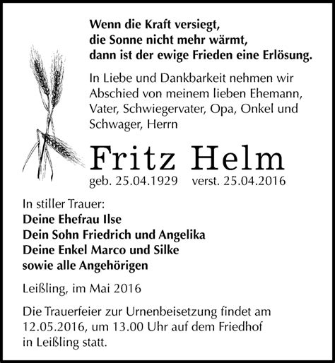 Traueranzeigen Von Fritz Helm Abschied Nehmen De