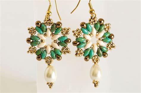 Superduo Starburst Earring In Champagne And Turquoise Etsy