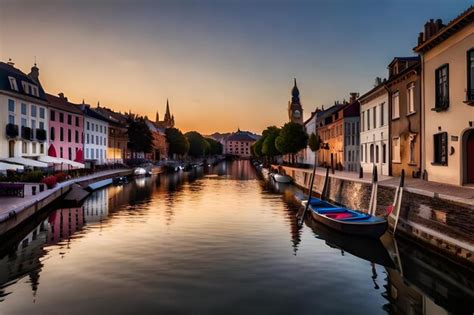 Premium AI Image A Boat Is Docked In A Canal With A Sunset In The