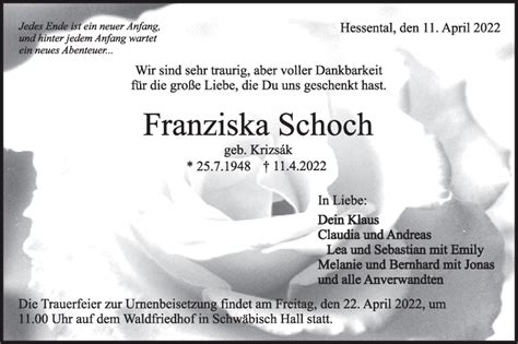 Traueranzeigen Von Franziska Schoch S Dwest Presse Trauer