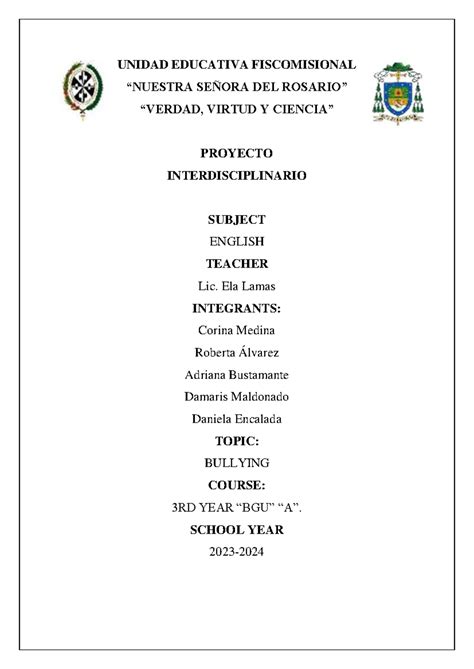 Proyecto Inte Ingles Unidad Educativa Fiscomisional Nuestra Se Ora