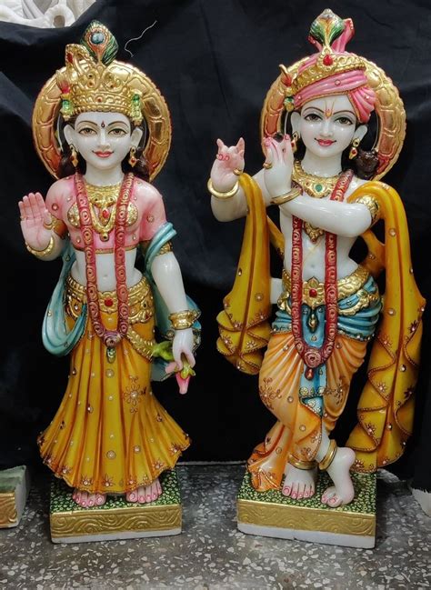 Multicolor Painted Makrana Marble Radha Krishna Statues For Worship