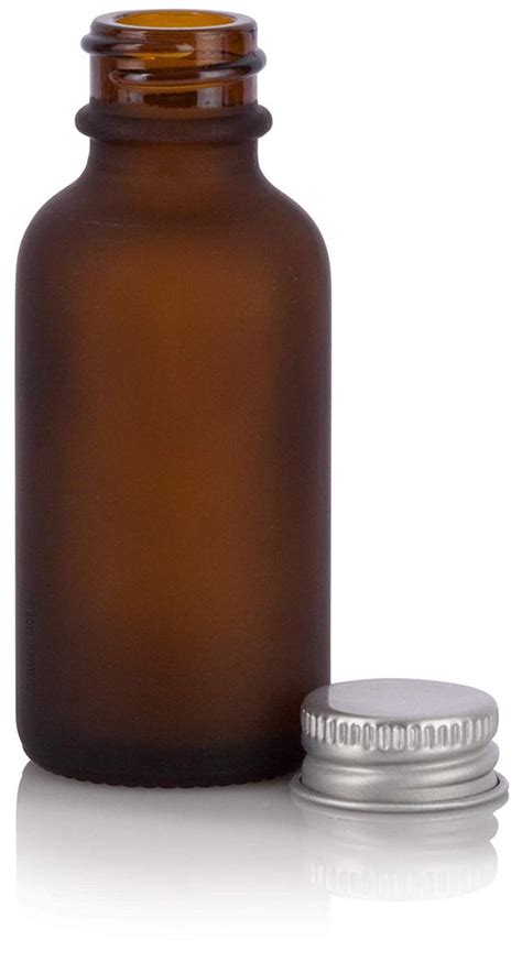 Frosted Amber Glass Boston Round Screw Bottle With Silver Metal Cap 1 Oz 30 Ml