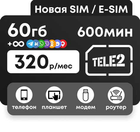 Симкарта ТЕЛЕ2 с пакетами 60 гб и 600 минут за 320 руб/мес | GIGAsim