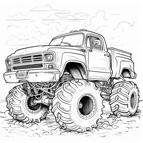 Premium Photo A Black And White Drawing Of A Monster Truck With Large