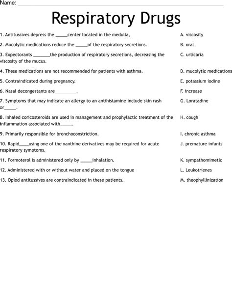 Respiratory Drugs Worksheet WordMint