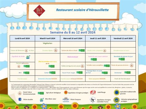 Menus de la cantine 2024 Mairie de Hérouvillette