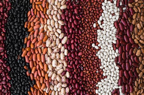 Different varieties of bean seeds. Beans background. Stock Photo by ollinka