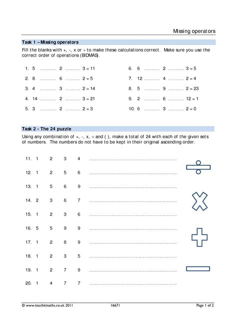 Missing Operators Worksheet Ks3 4 Maths Bodmas Teachit