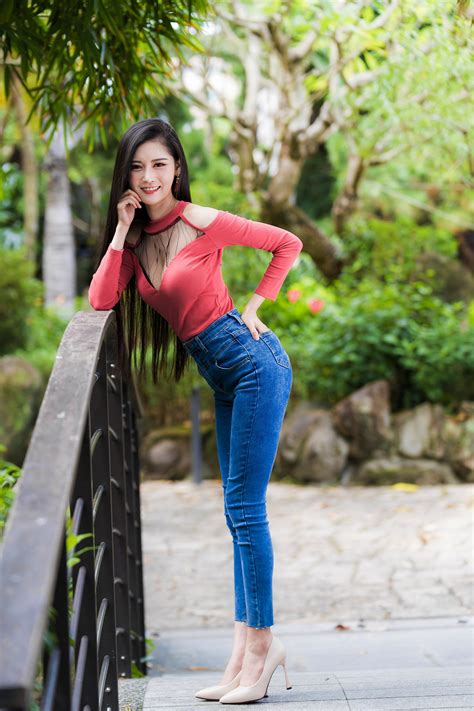 Asian Bokeh Pose Brunette Girl Smile Jeans Blouse Glance Hd