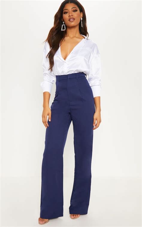 Tall Navy High Waist Wide Leg Trousers