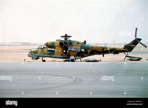 A captured Iraqi MIL Mi-24 Hind helicopter stands at an XVIII Airborne ...