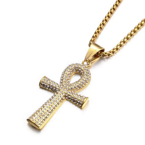 Égyptien Glacé Ankh Croix Pendentif Collier Femmes Hommes Or Couleur En