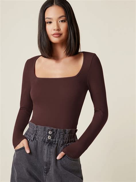 SHEIN BASICS Square Neck Form Fitted Tee Brown Long Sleeve Tops