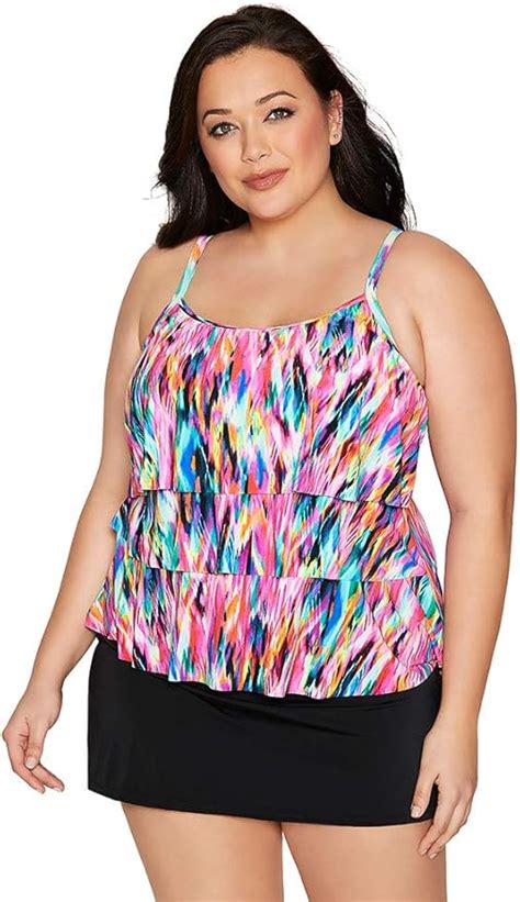 Caribbean Joe Womens Plus Size Swimwear Love My Tribe Heliophila Triple Tier Ruffle Tankini