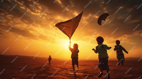 Premium AI Image | dark silhouette image of a kids flying a kite