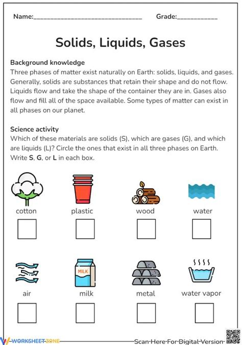 Interactive Science Worksheets: Identifying Solids, Liquids, and Gases ...