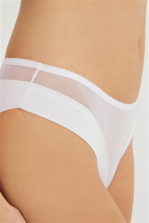 Beyaz Transparan Tül Detaylı Lazer Kesim Kadın Bikini Külot COTTONHILL