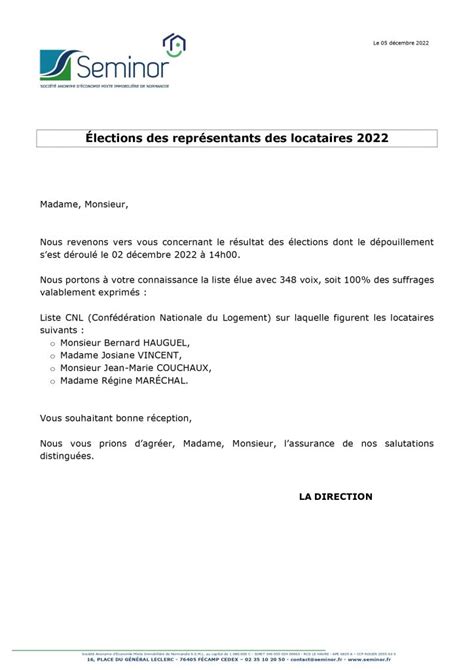 R Sultat Lections Repr Sentants Des Locataires Seminor