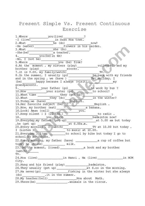 Present Simple Vs Present Continuous Exercise Esl Worksheet By Arex