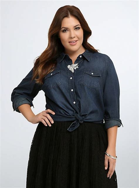 Plus Size Denim Shirt MEDIUM WASHED DENIM Plus Size Shirts Trendy