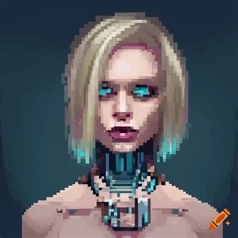 Pixelart Portrait Of A Blonde Android Cyborg Woman In A Cyberpunk