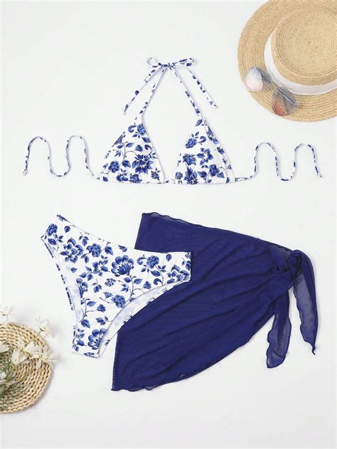 Shein Swim Mod Floral Print Halter Triangle Bikini Swimsuit With Beach Skirt Shein Usa