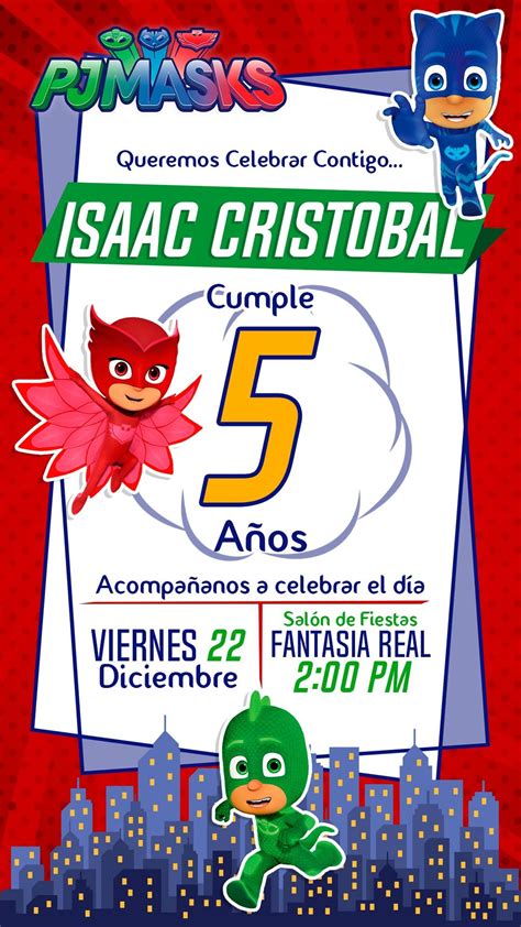 TARJETA DE INVITACIÓN DIGITAL PJ MASKS HÉROES EN PIJAMA Pj masks