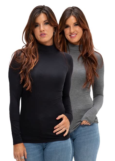 Devops Womens 2 Pack Long Sleeve Mock Turtleneck Stretch Fitted Shirts