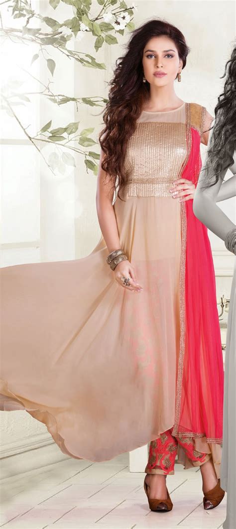 Faux Georgette Party Wear Salwar Kameez In Beige And Brown With Lace