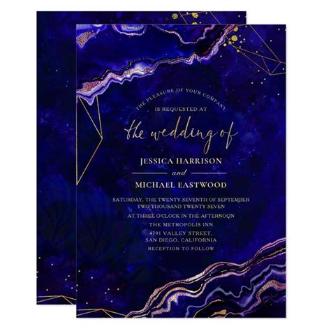 Geometric Geode Deep Blue Rose Gold Agate Wedding Invitation Zazzle