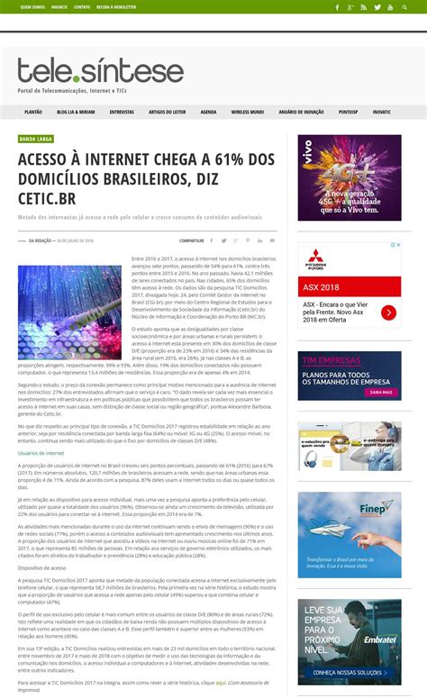 NIC br Na Mídia Acesso à internet chega a 61 dos domicílios