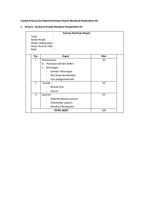 Doc Contoh Kriteria Dan Rubrik Penilaia N Proyek Membuat Penjernihan Air A Kriteria Penilaian