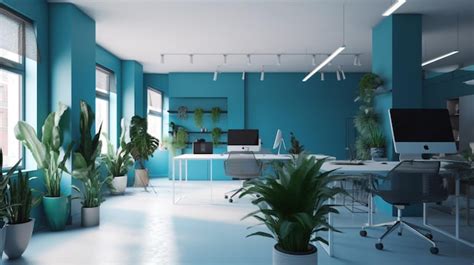 A blue office with plants and a plant on the wall | Premium AI-generated image