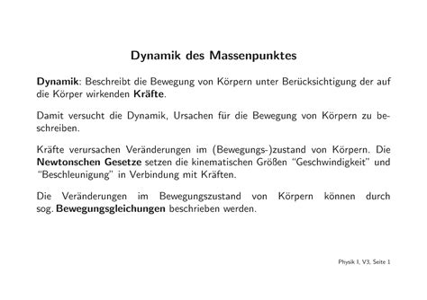 Phys I V03 Vorlesung Dynamik Des Massenpunktes Dynamik Beschreibt