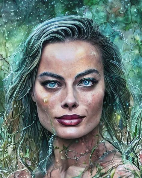 KREA Margot Robbie Portrait With A Tattooed Wet Body Posing In A