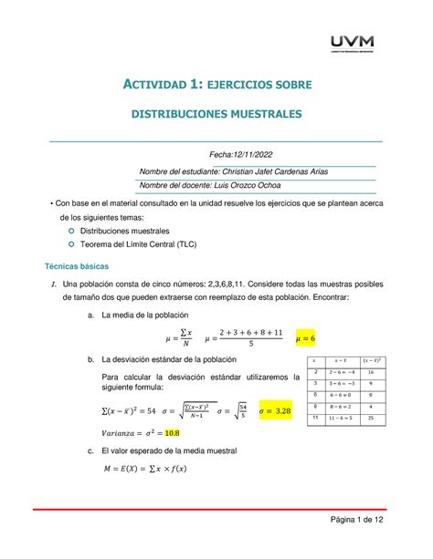 ACTIVIDAD 1 EJERCICIOS SOBRE DISTRIBUCIONES MUESTRALES ACTIVIDAD 1