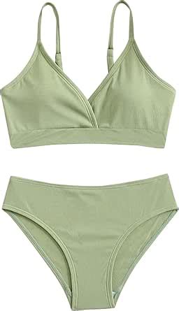 Amazon Girls Swimsuits Piece Solid Spaghetti Strap Bikini Sets V Neck Sports Beach