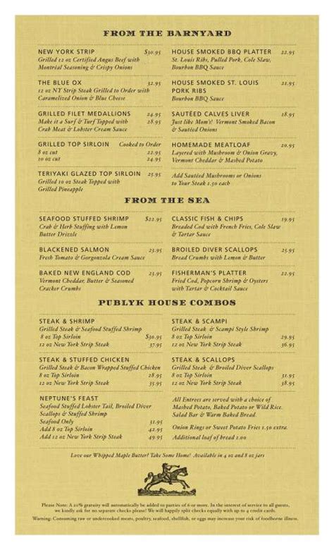 The Publyk House Menu In Bennington Vermont Usa